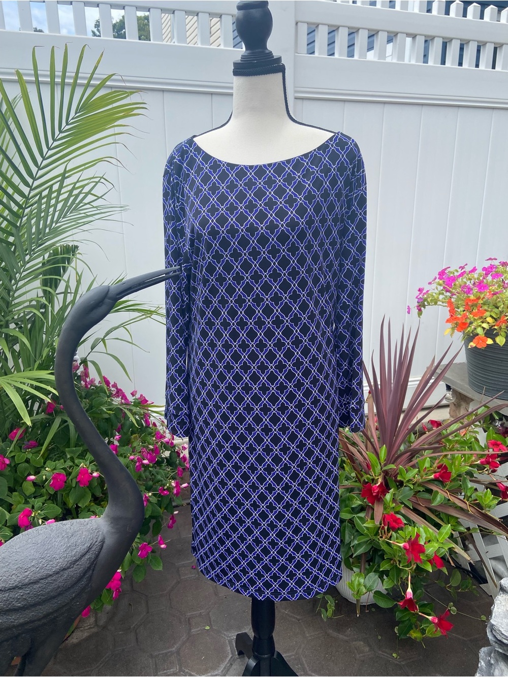 Laundry By Shelli Segal Navy and Lavender Geometric Long Sleeve Dress